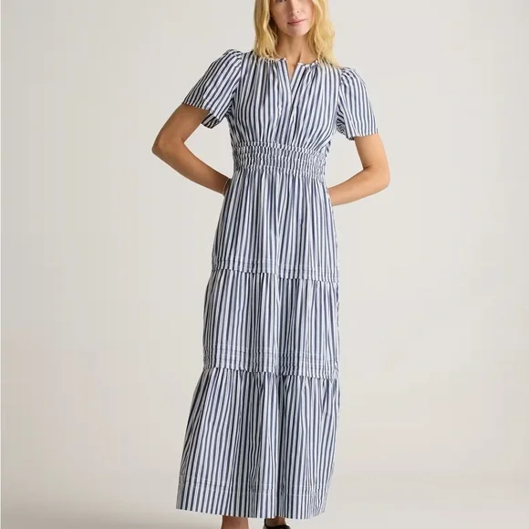 Quince 100% Organic Cotton Polin Tiered Maxi Dress / Hudson Stripe/L - Picture 4 of 11